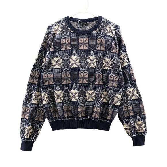 Vintage Other - Vintage Jantzen Mens Navy Beige Mixed Print Abstract Pullover Sweater Medium M